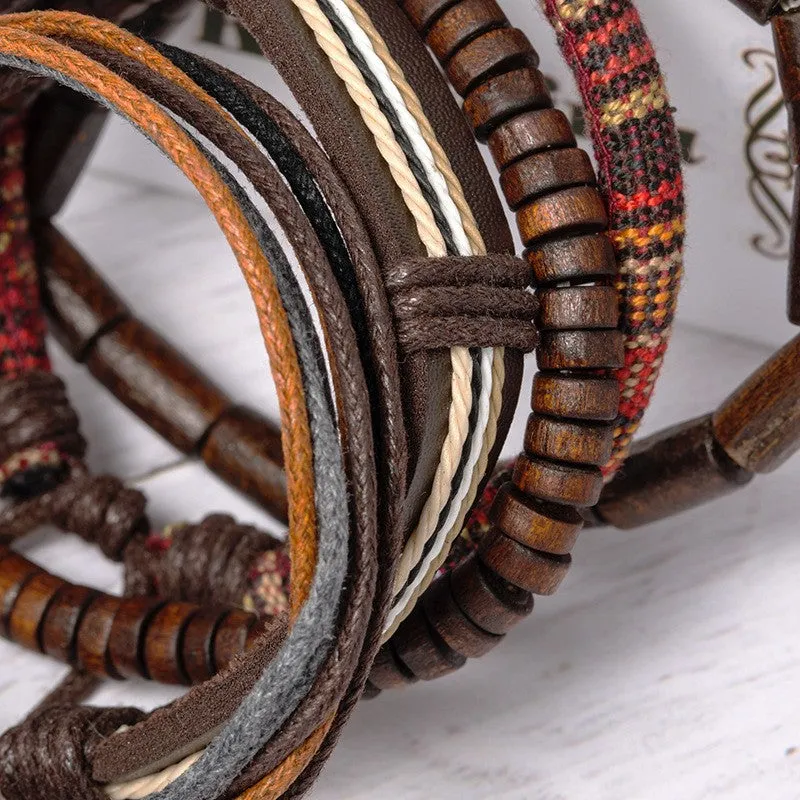 5pcs Men's Adjustable Leather Bracelet Set