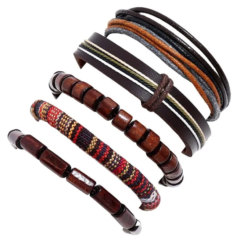 5pcs Men's Adjustable Leather Bracelet Set