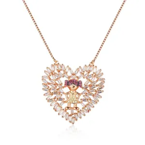925 Sterling Silver Heart with Cute Girl Pattern Pendant Necklaces, Fashion Jewelry for Women