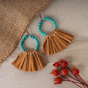93021 - Beaded Hoop Tassel Earrings - Brown