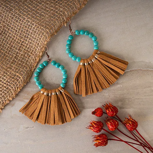 93021 - Beaded Hoop Tassel Earrings - Brown