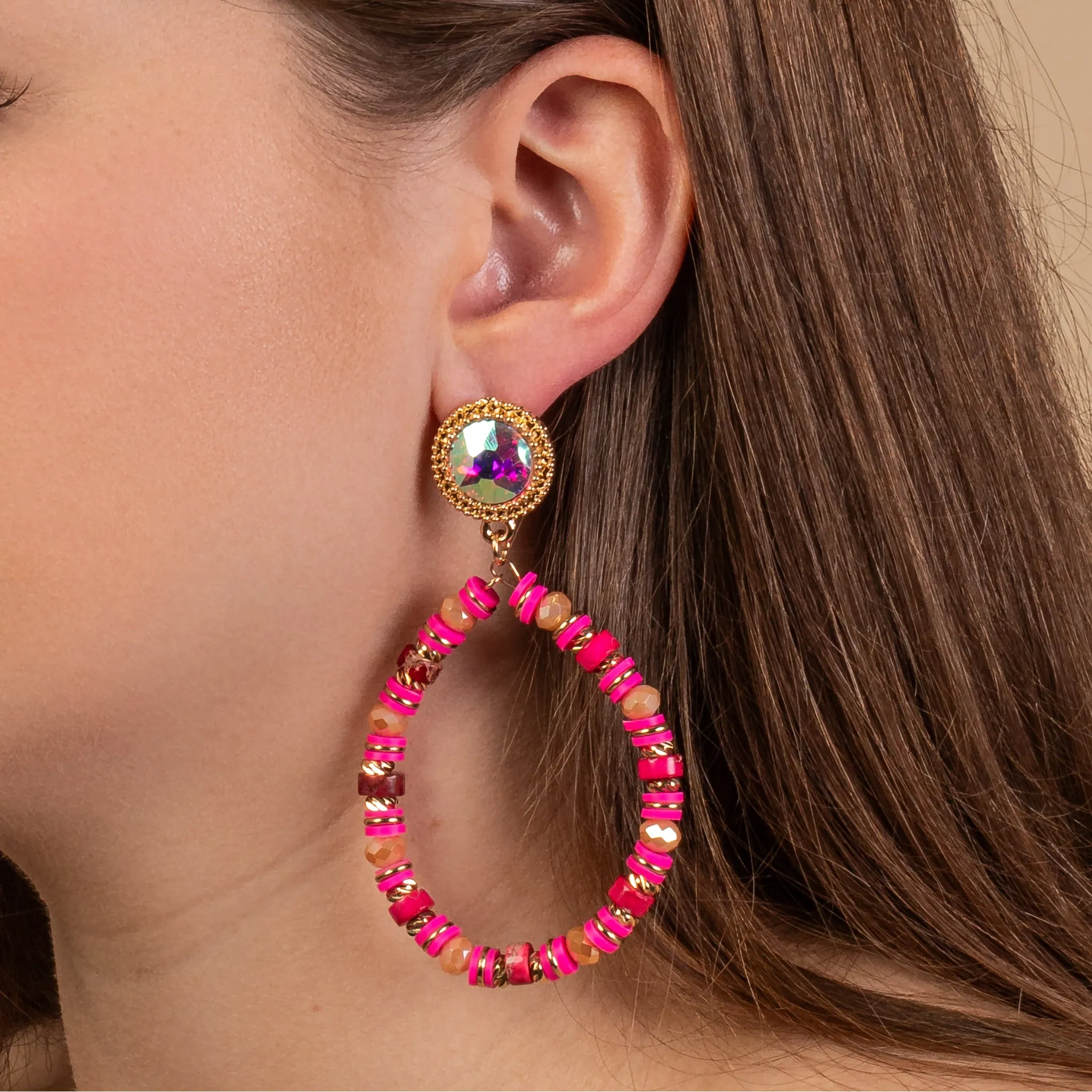 93198 - Beaded Hoop Earrings - Fuchsia