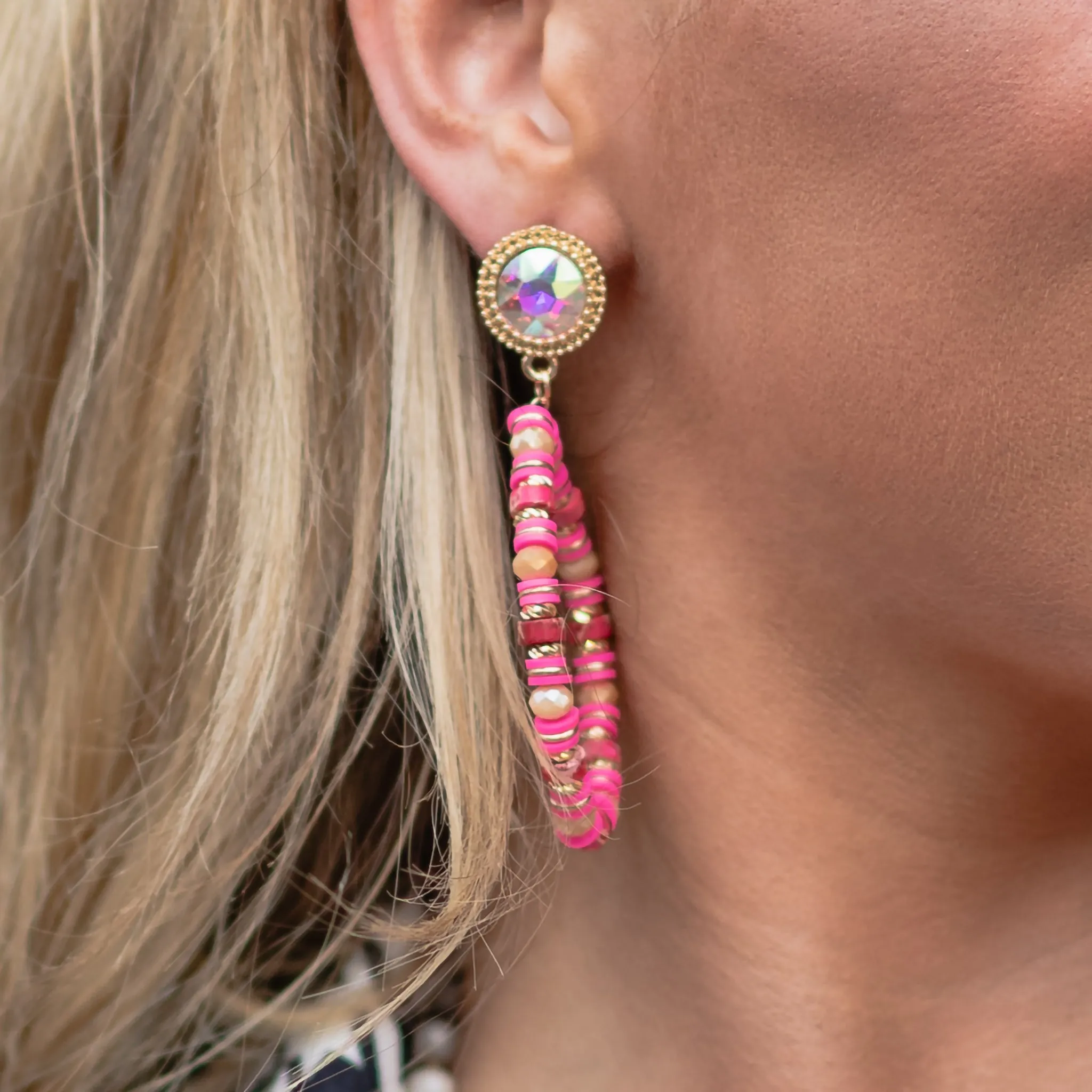 93198 - Beaded Hoop Earrings - Fuchsia