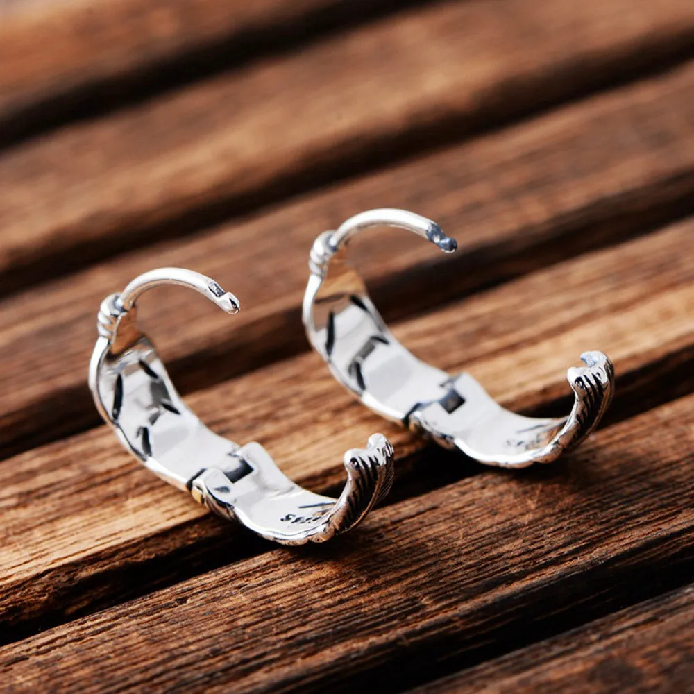 A Pair Real Solid 925 Sterling Silver Earrings Feather Leaf Eagle Bird Amulet