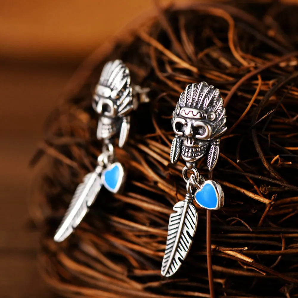 A Pair Real Solid 925 Sterling Silver Earrings Skull Feather Crown Heart Fashion