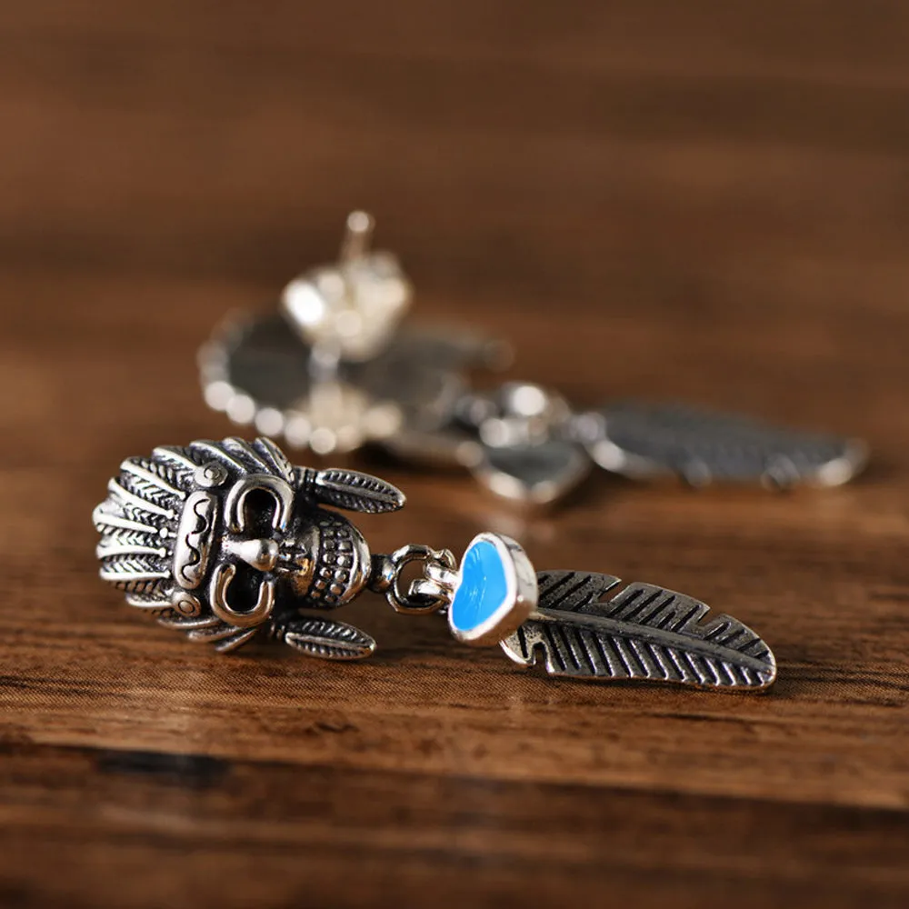 A Pair Real Solid 925 Sterling Silver Earrings Skull Feather Crown Heart Fashion
