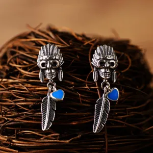 A Pair Real Solid 925 Sterling Silver Earrings Skull Feather Crown Heart Fashion