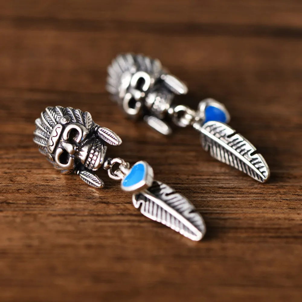 A Pair Real Solid 925 Sterling Silver Earrings Skull Feather Crown Heart Fashion