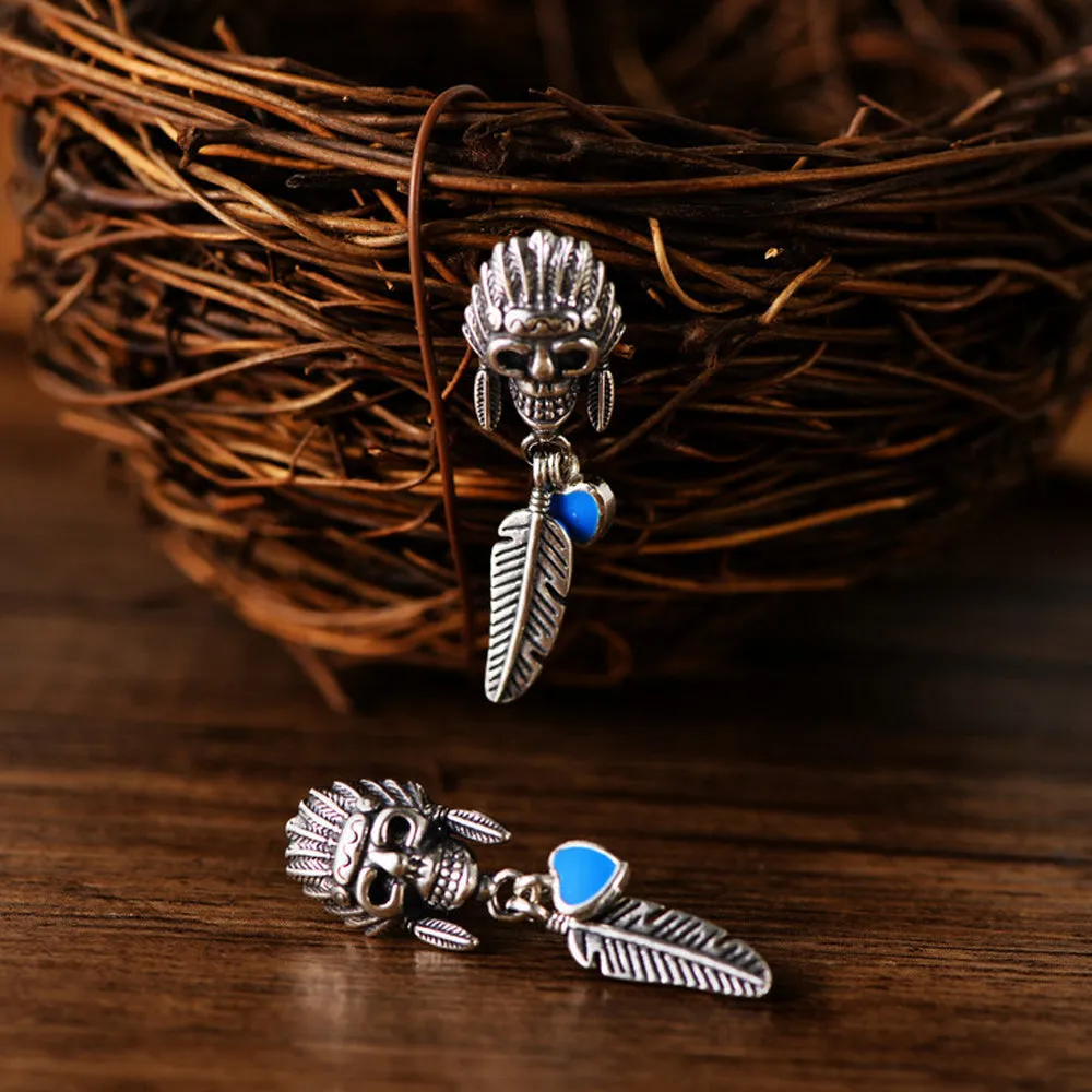 A Pair Real Solid 925 Sterling Silver Earrings Skull Feather Crown Heart Fashion
