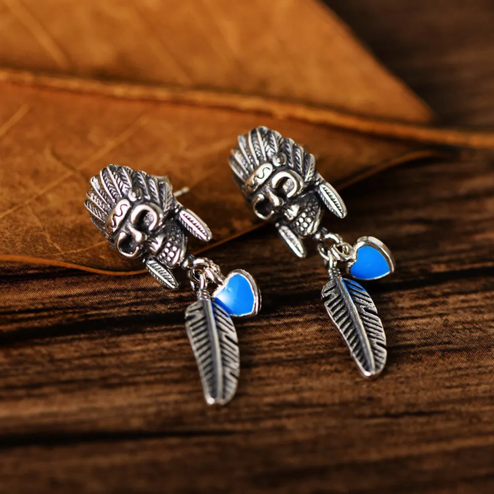 A Pair Real Solid 925 Sterling Silver Earrings Skull Feather Crown Heart Fashion