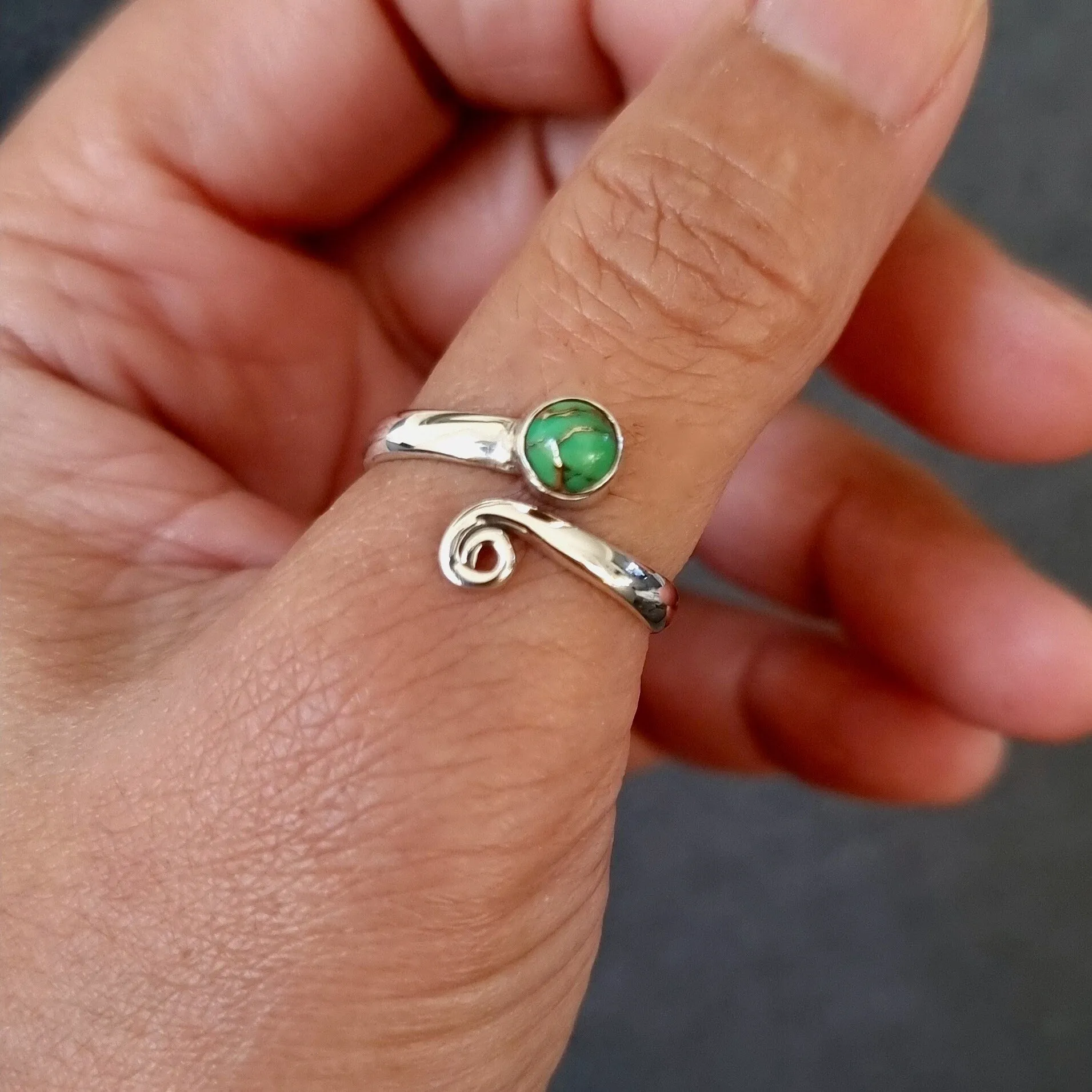 Adjustable Green Copper Turquoise Silver Ring, R61GCT
