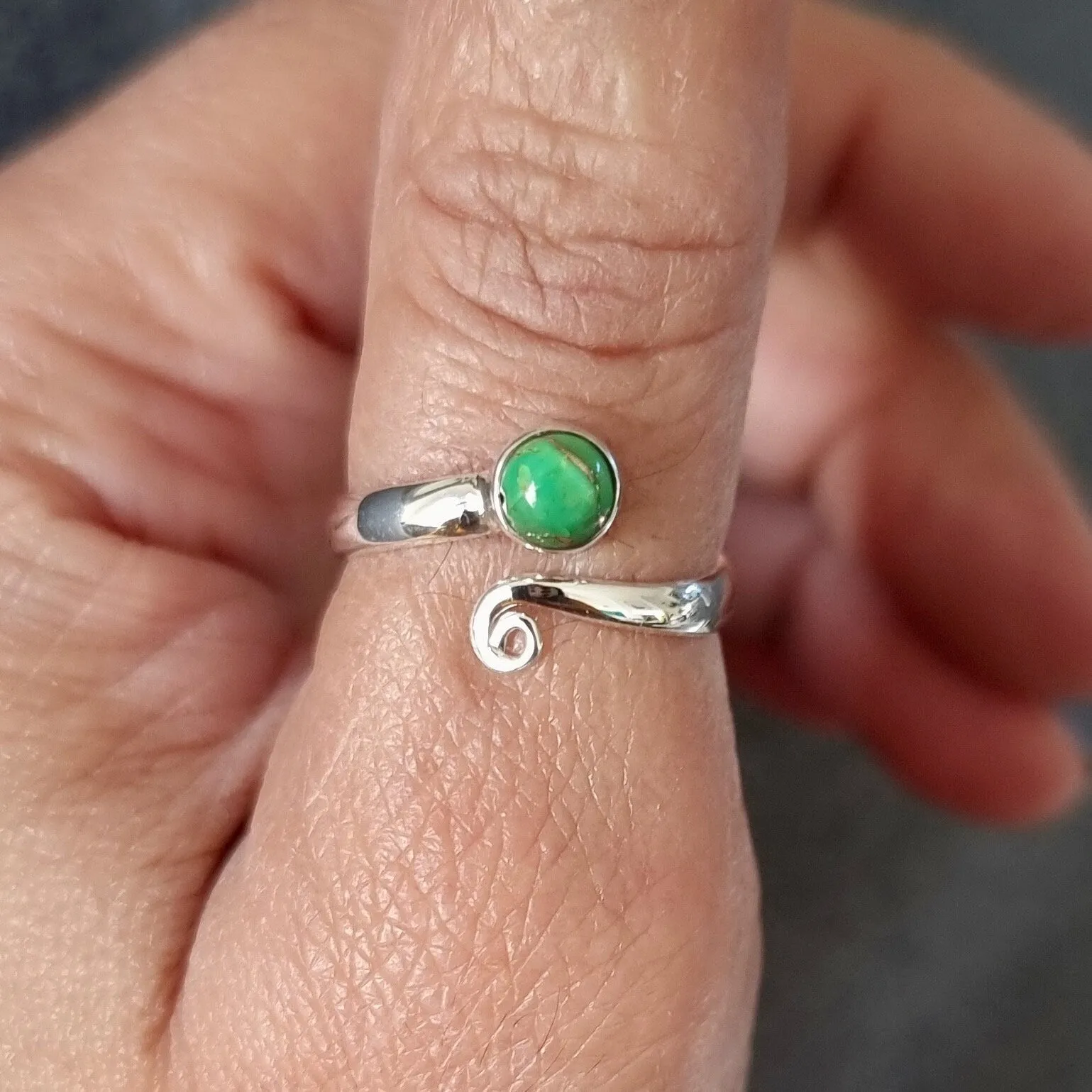 Adjustable Green Copper Turquoise Silver Ring, R61GCT