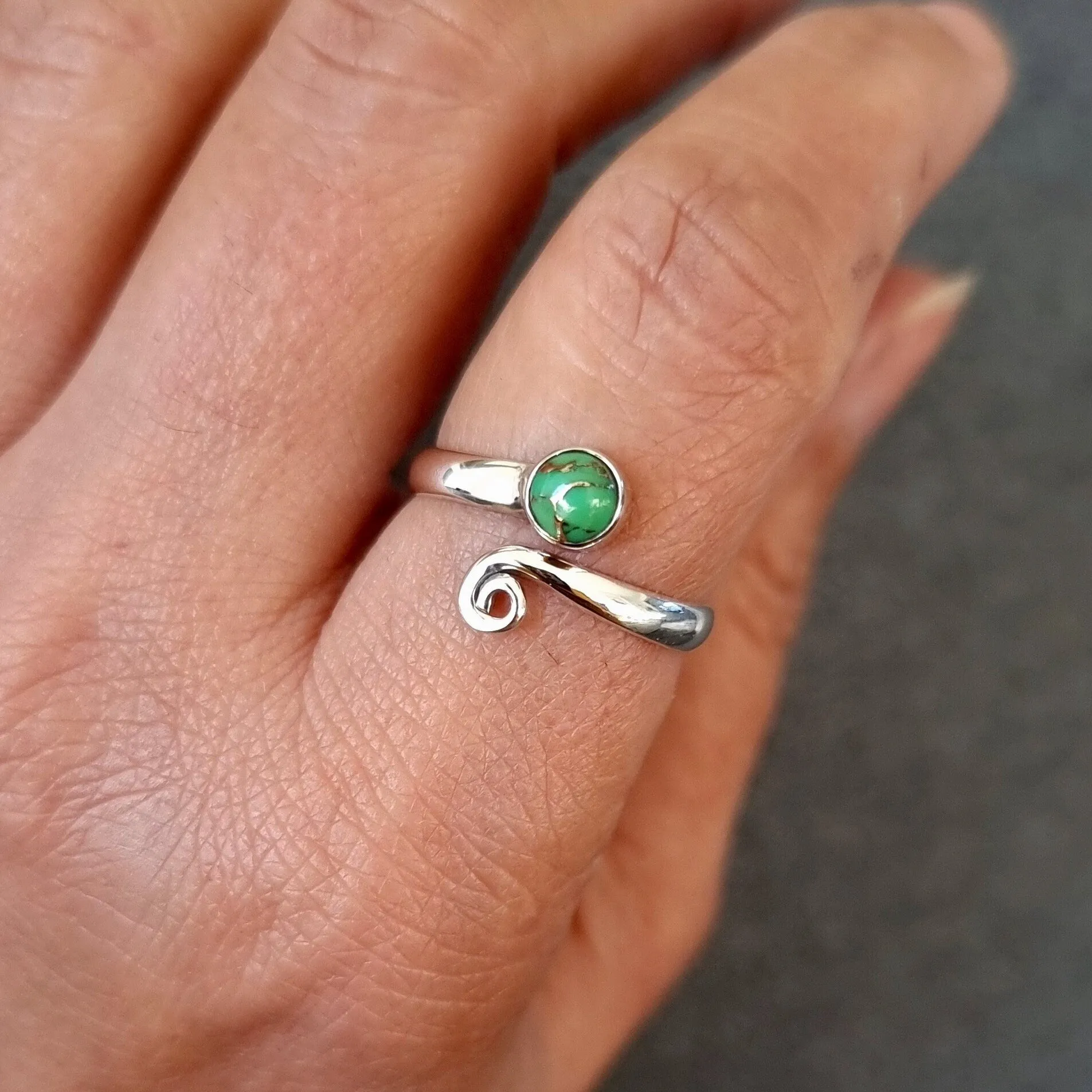 Adjustable Green Copper Turquoise Silver Ring, R61GCT