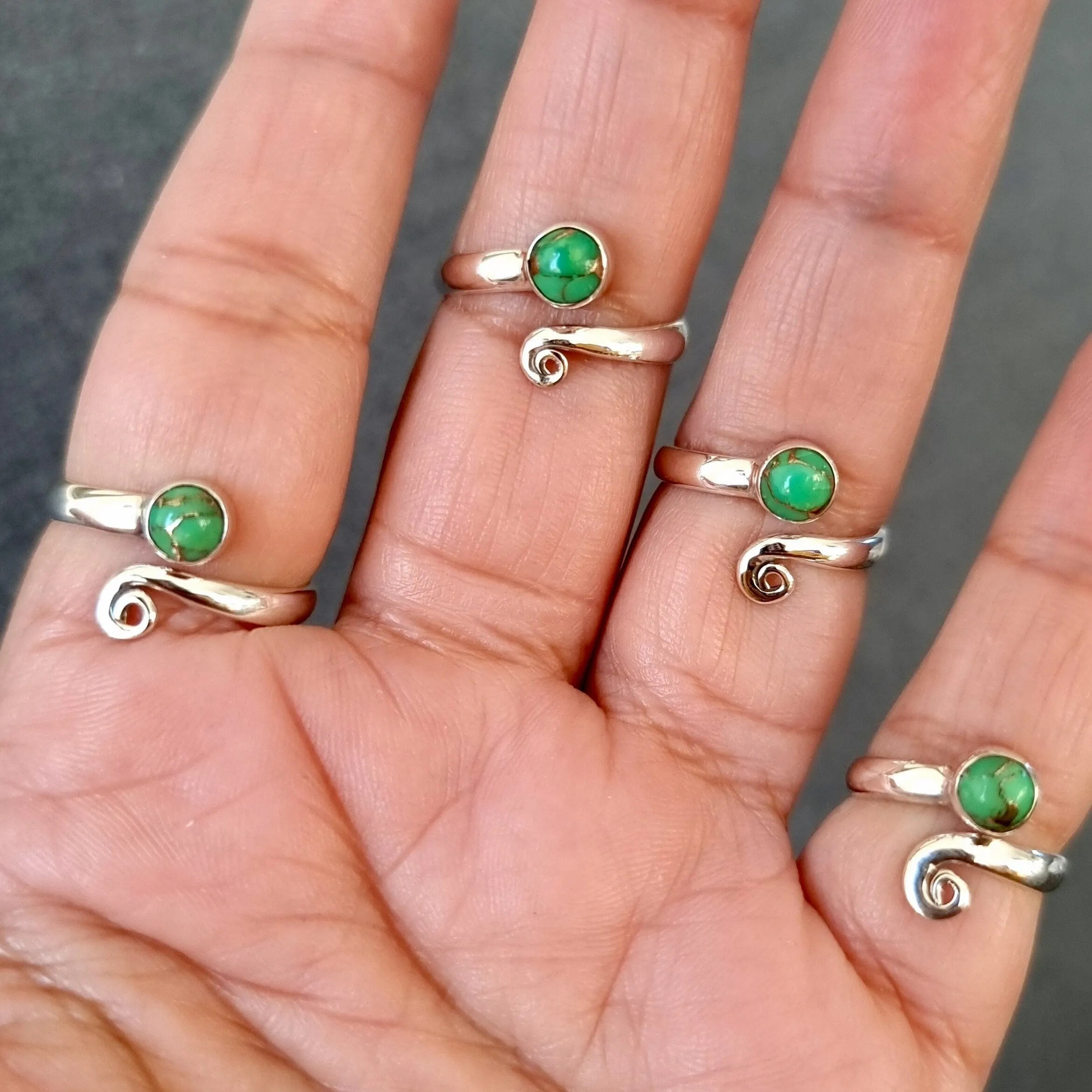 Adjustable Green Copper Turquoise Silver Ring, R61GCT
