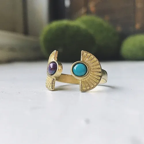 Adjustable Two Stone Turquoise Sunburst Ring - Boho Celestial Jewelry