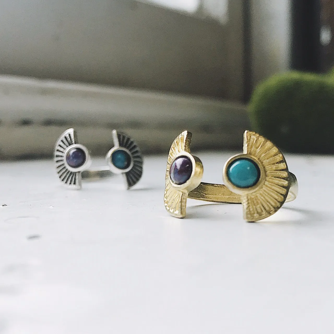 Adjustable Two Stone Turquoise Sunburst Ring - Boho Celestial Jewelry