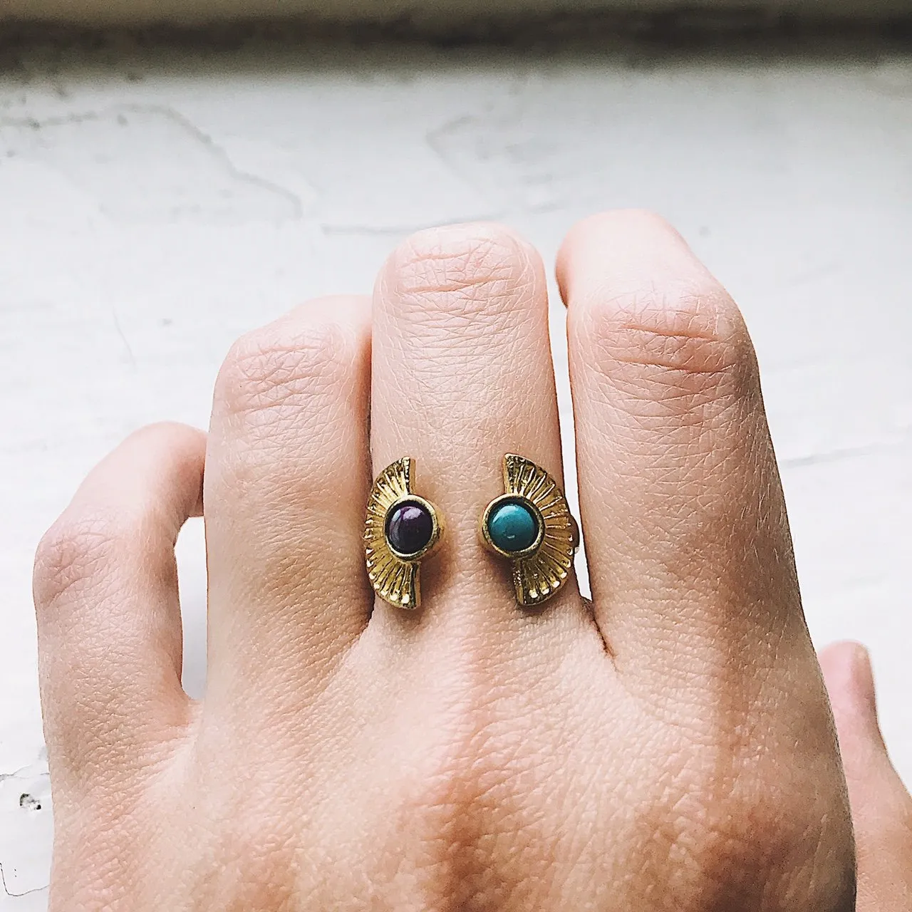 Adjustable Two Stone Turquoise Sunburst Ring - Boho Celestial Jewelry