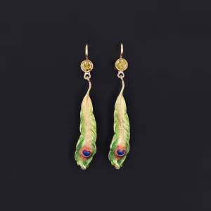 Antique Enamel and Yellow Diamond Peacock Feather Conversion Earrings 14k Gold