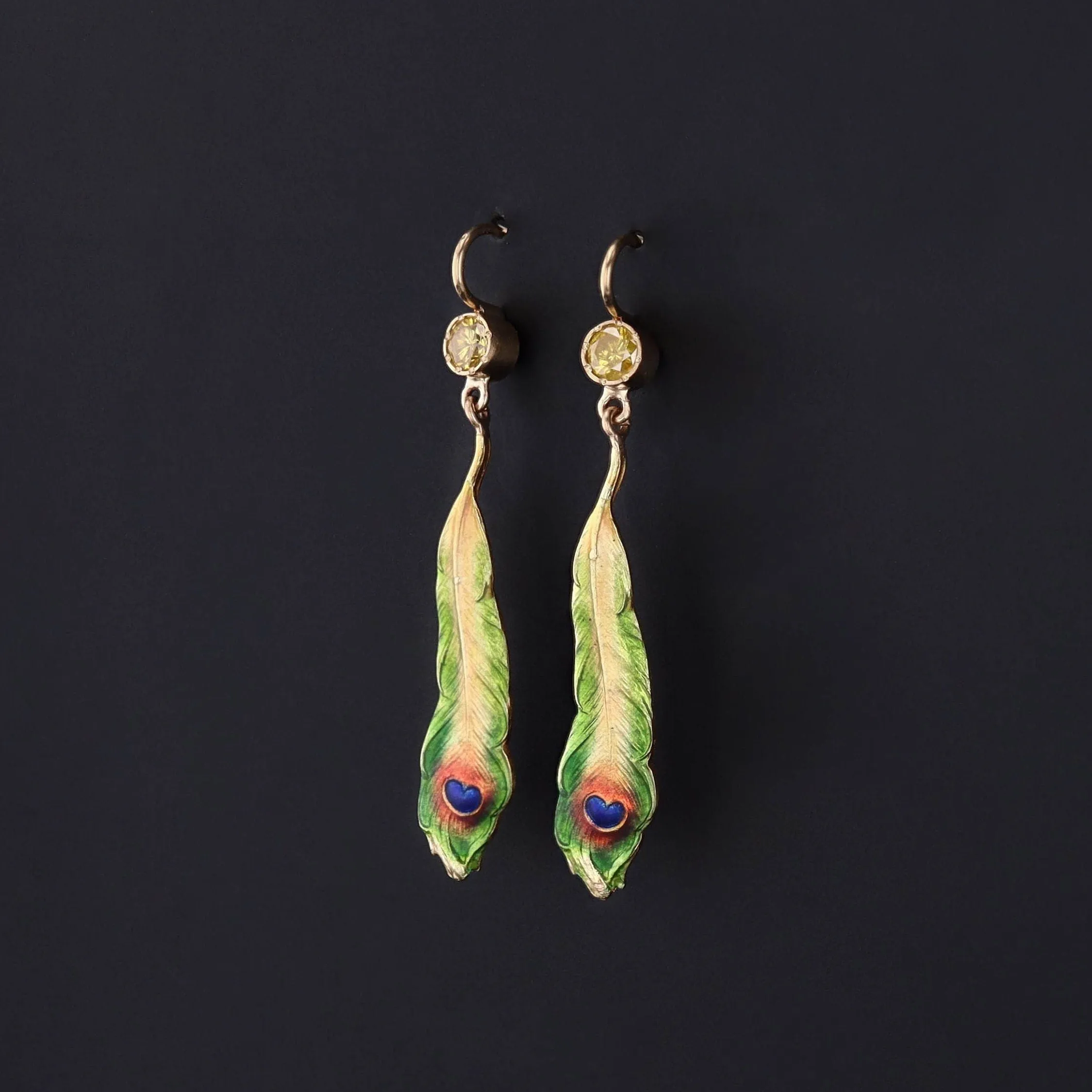Antique Enamel and Yellow Diamond Peacock Feather Conversion Earrings 14k Gold