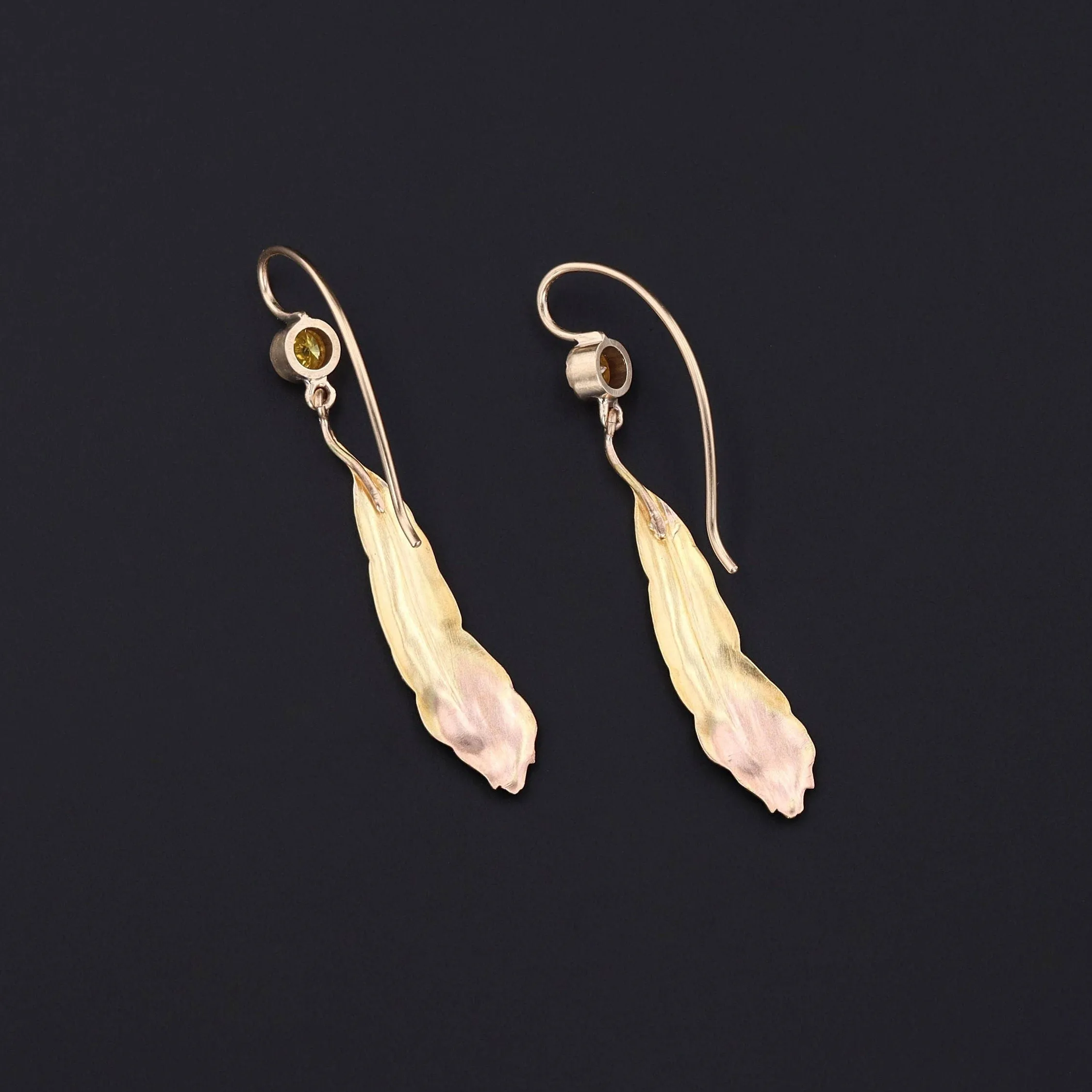 Antique Enamel and Yellow Diamond Peacock Feather Conversion Earrings 14k Gold