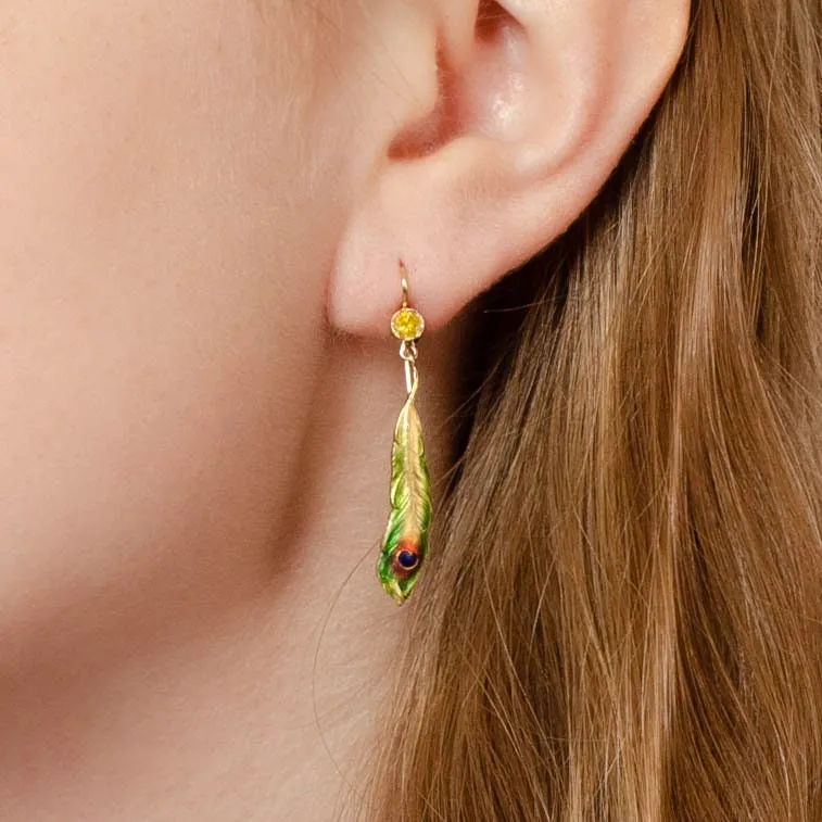 Antique Enamel and Yellow Diamond Peacock Feather Conversion Earrings 14k Gold