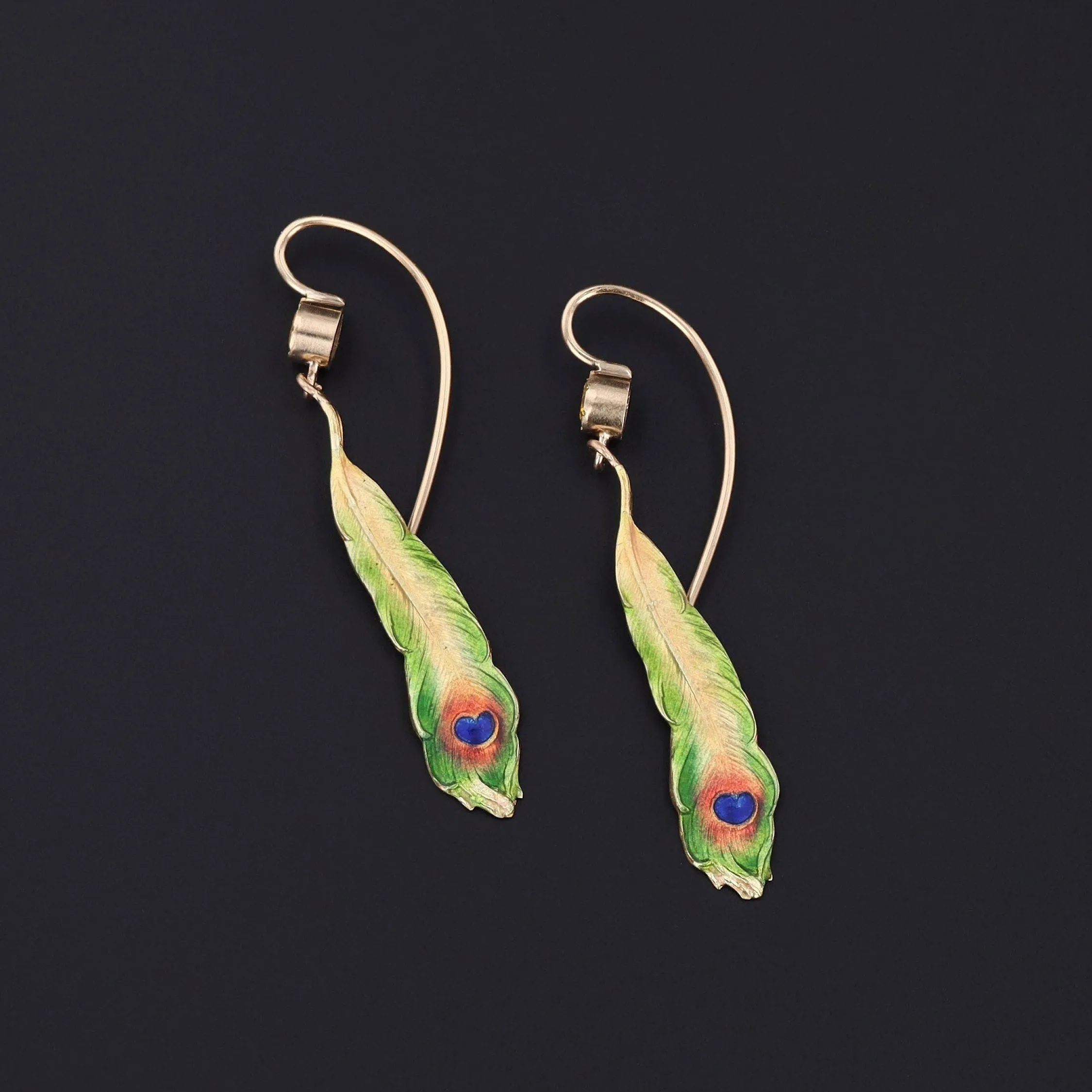 Antique Enamel and Yellow Diamond Peacock Feather Conversion Earrings 14k Gold