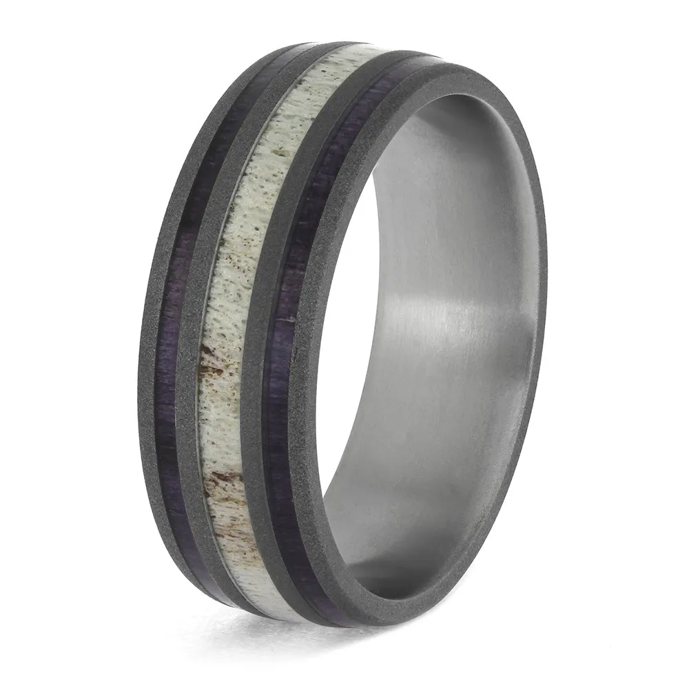 Antler Wedding Band with Sandblasted Titanium and Wood