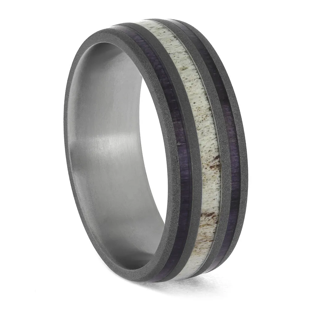 Antler Wedding Band with Sandblasted Titanium and Wood