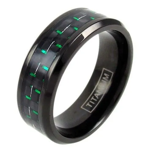 Awesome Black Titanium Ring with Black/Green Carbon Fiber Inlay and Beveled Edges.