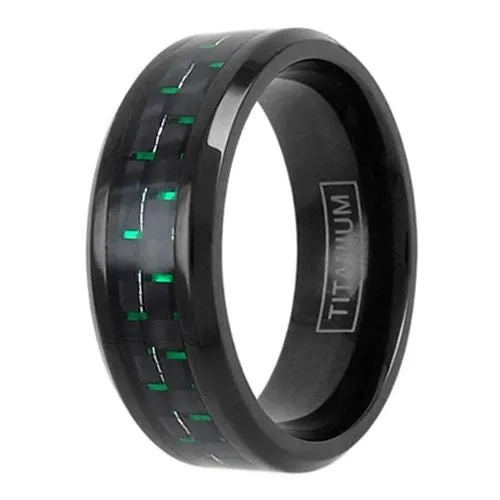 Awesome Black Titanium Ring with Black/Green Carbon Fiber Inlay and Beveled Edges.