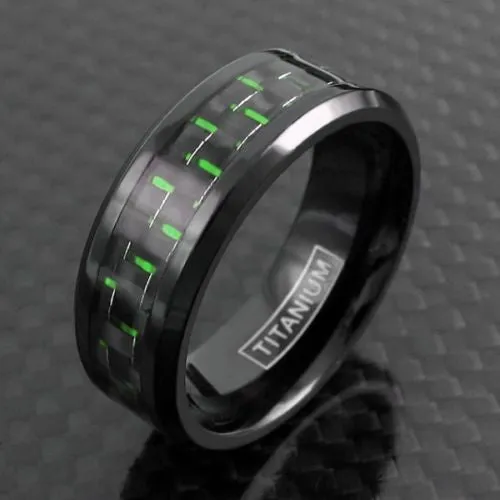Awesome Black Titanium Ring with Black/Green Carbon Fiber Inlay and Beveled Edges.