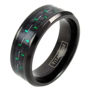 Awesome Black Titanium Ring with Black/Green Carbon Fiber Inlay and Beveled Edges.