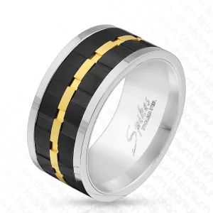 Awesome Tri-Tone Mirror Polished Titanium Ring with Three Black & Gold Spinning Gears.