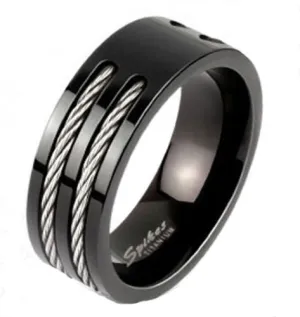 Awesome Two-Tone Ion Plated Black Titanium Ring with Dual Cable Inlays.