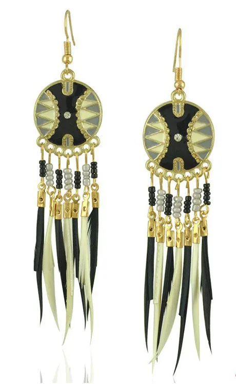 Baroque Painted Oil Color Feather Earrings Bohemian Painted Rice Beads Feather Tassel Earrings
