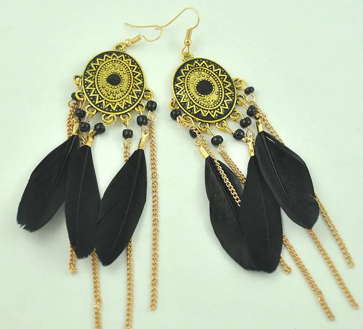 Baroque Painted Oil Color Feather Earrings Bohemian Painted Rice Beads Feather Tassel Earrings