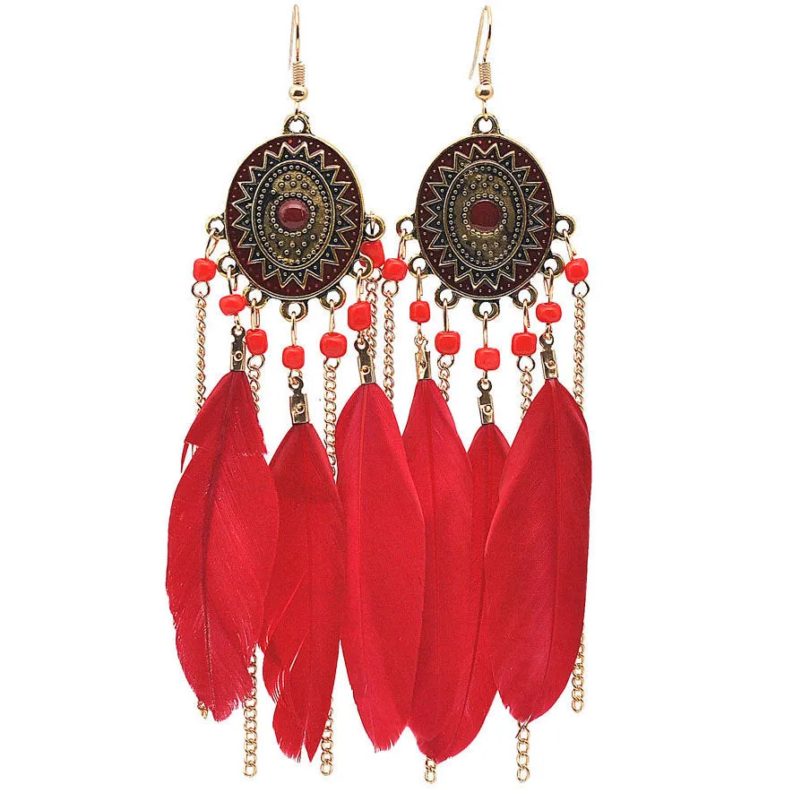 Baroque Painted Oil Color Feather Earrings Bohemian Painted Rice Beads Feather Tassel Earrings