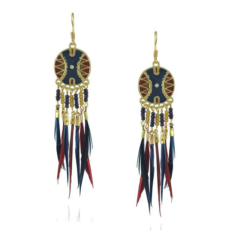 Baroque Painted Oil Color Feather Earrings Bohemian Painted Rice Beads Feather Tassel Earrings