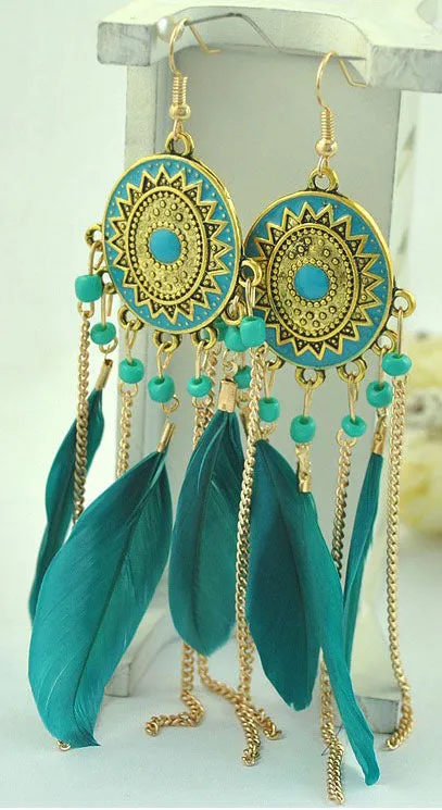 Baroque Painted Oil Color Feather Earrings Bohemian Painted Rice Beads Feather Tassel Earrings