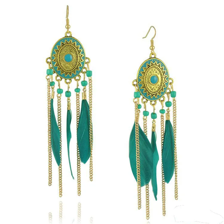 Baroque Painted Oil Color Feather Earrings Bohemian Painted Rice Beads Feather Tassel Earrings