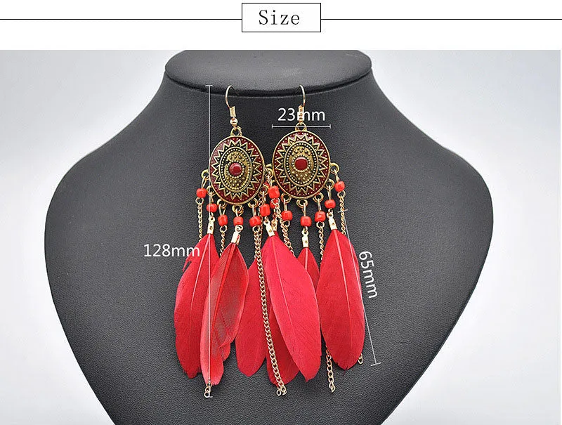 Baroque Painted Oil Color Feather Earrings Bohemian Painted Rice Beads Feather Tassel Earrings