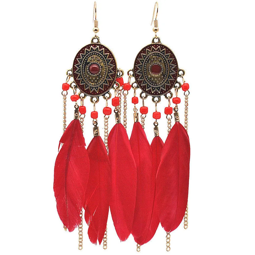 Baroque Painted Oil Color Feather Earrings Bohemian Painted Rice Beads Feather Tassel Earrings