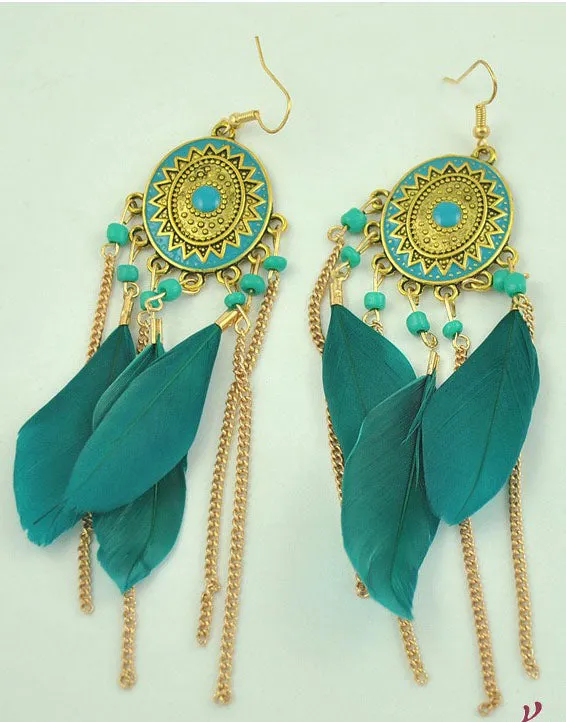 Baroque Painted Oil Color Feather Earrings Bohemian Painted Rice Beads Feather Tassel Earrings
