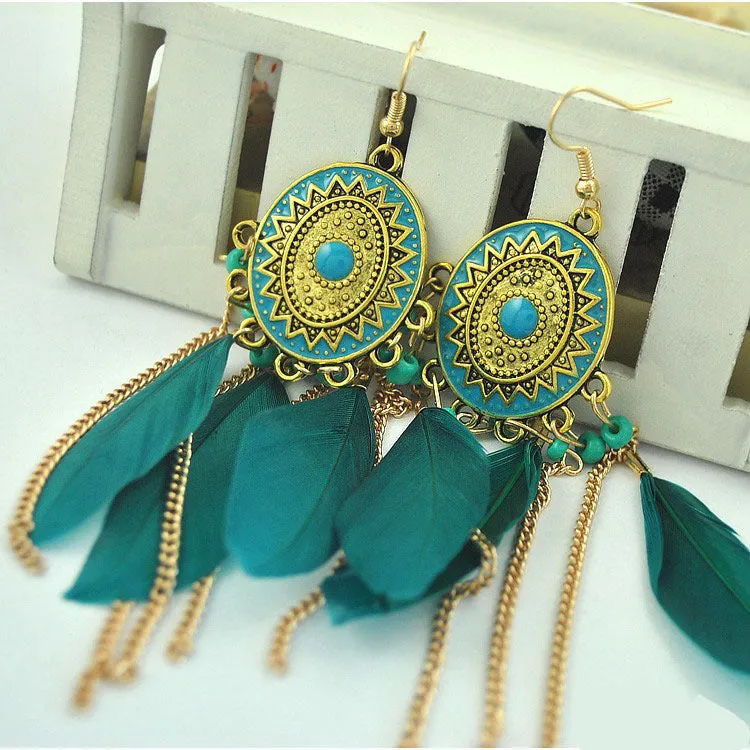 Baroque Painted Oil Color Feather Earrings Bohemian Painted Rice Beads Feather Tassel Earrings