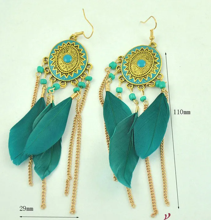 Baroque Painted Oil Color Feather Earrings Bohemian Painted Rice Beads Feather Tassel Earrings
