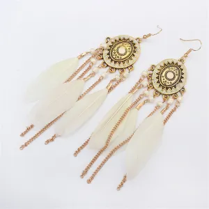 Baroque Painted Oil Color Feather Earrings Bohemian Painted Rice Beads Feather Tassel Earrings