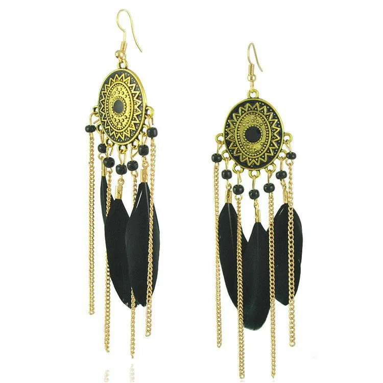 Baroque Painted Oil Color Feather Earrings Bohemian Painted Rice Beads Feather Tassel Earrings