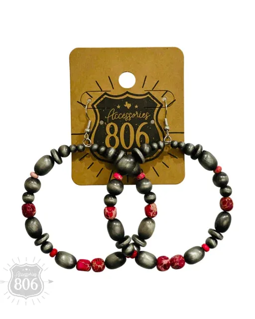 Beaded Navajo Pearl and Red Turquoise Hoop Earrings