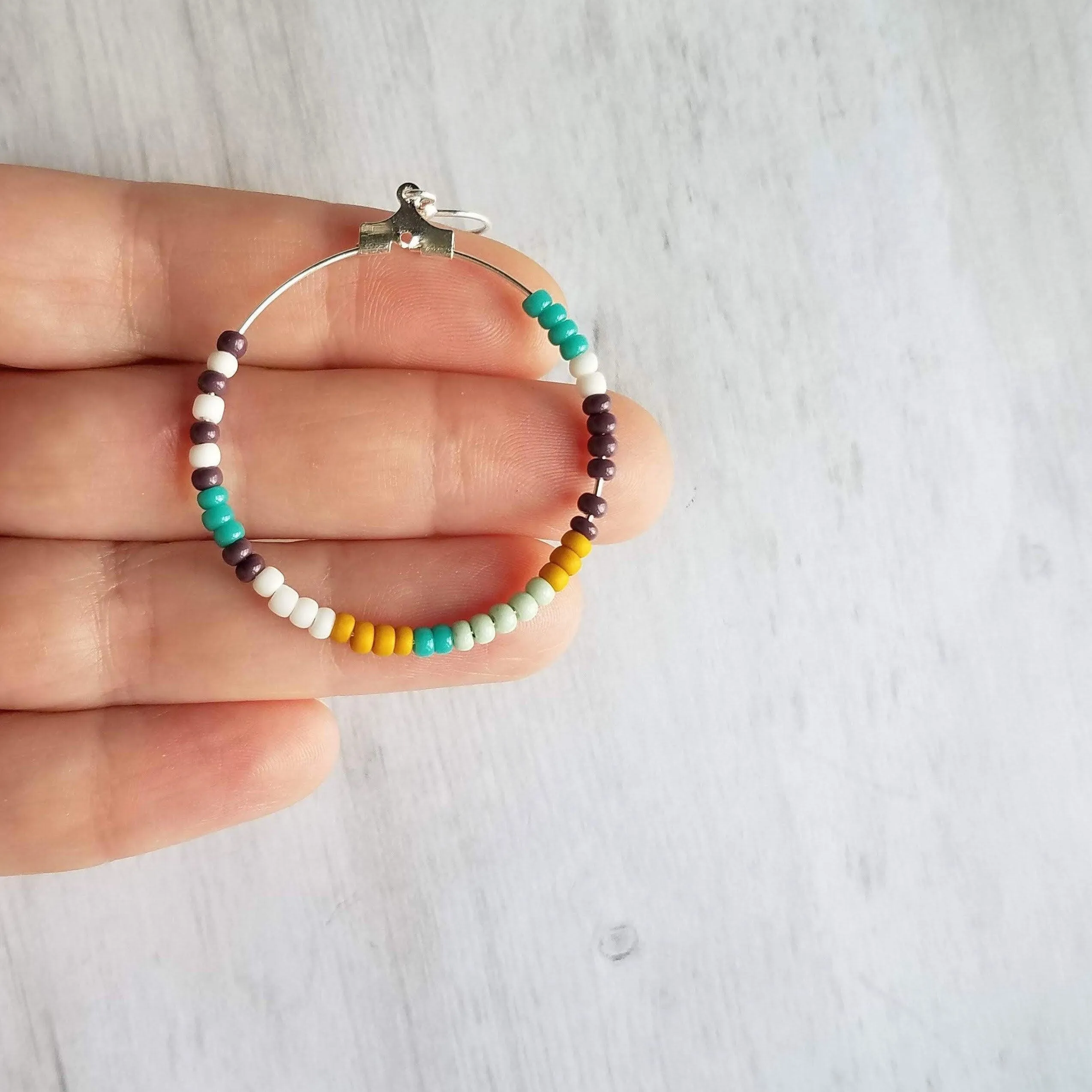 Beaded Silver Hoop Earrings, thin circle earring, beaded hoop, seed bead earring, beaded earring, mint, mustard, turquoise, plum brown, tiny