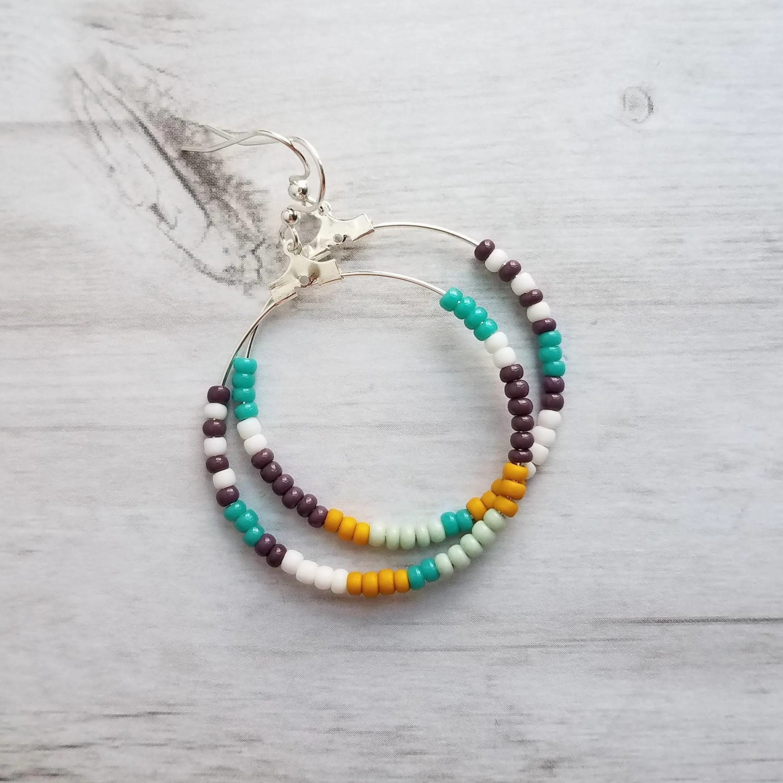 Beaded Silver Hoop Earrings, thin circle earring, beaded hoop, seed bead earring, beaded earring, mint, mustard, turquoise, plum brown, tiny